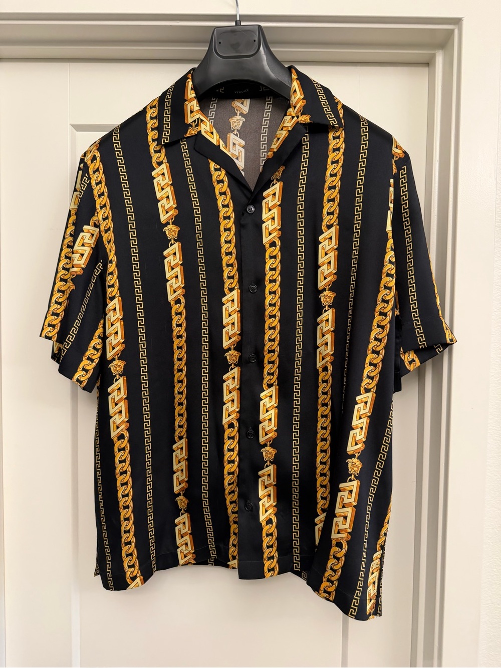 Versace Men's Black and Gold Chain-Print Short Sleeve Shirt